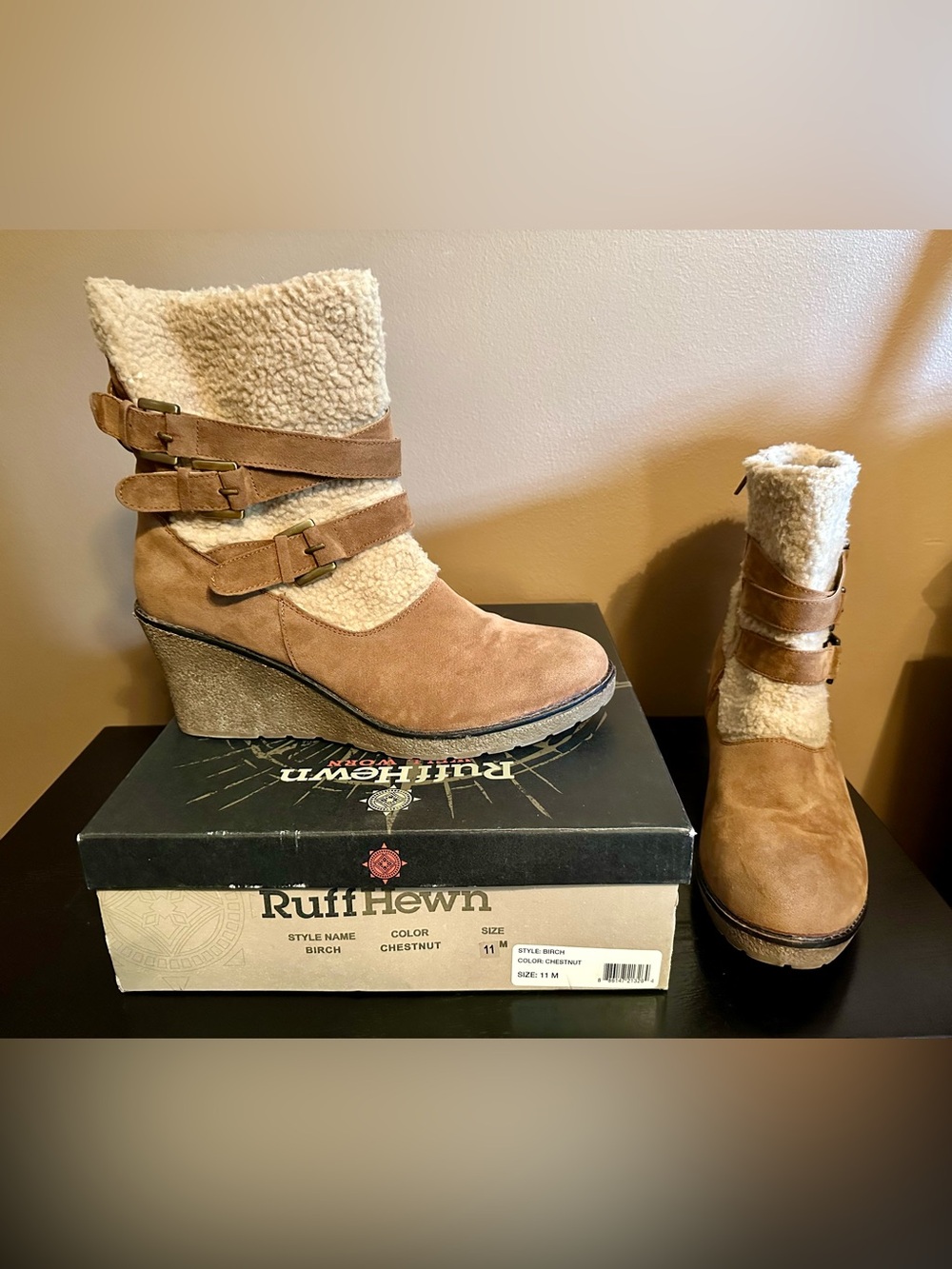 Ruff Hewn Chestnut Suede Wedge Boots with Shearling Trim - Size 11